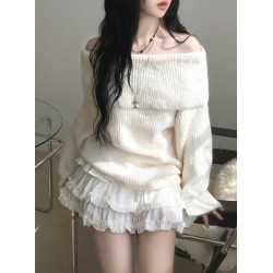 Up and on 韓系秋冬純欲風辣妹毛茸茸露肩休閒百搭寬松針織衫毛衣