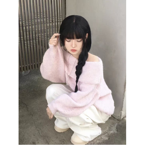 Up and on 韓系秋冬純欲風辣妹毛茸茸露肩休閒百搭寬松針織衫毛衣