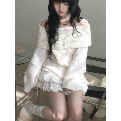 Up and on 韓系秋冬純欲風辣妹毛茸茸露肩休閒百搭寬松針織衫毛衣