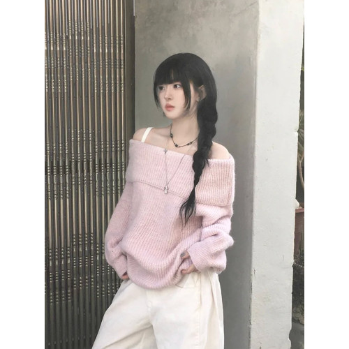 Up and on 韓系秋冬純欲風辣妹毛茸茸露肩休閒百搭寬松針織衫毛衣