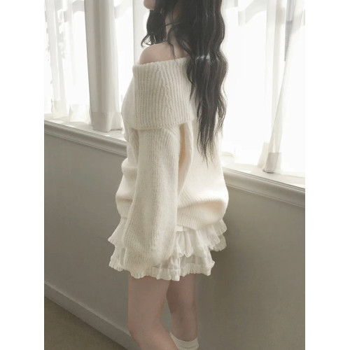 Up and on 韓系秋冬純欲風辣妹毛茸茸露肩休閒百搭寬松針織衫毛衣