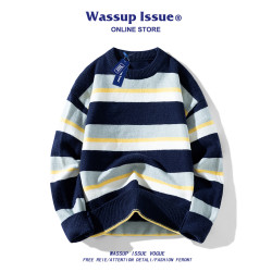 WASSUP ISSUE美式復古細條紋針織衫外套男款秋冬季痞帥情侶毛衣男