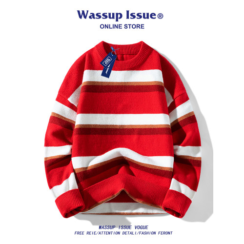 WASSUP ISSUE美式復古細條紋針織衫外套男款秋冬季痞帥情侶毛衣男 WASSUP ISSUE美式復古細條紋針織衫外套男款秋冬季痞帥情侶毛衣男