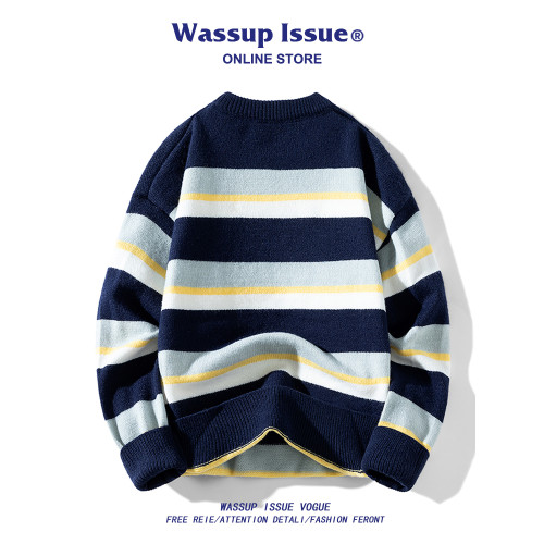 WASSUP ISSUE美式復古細條紋針織衫外套男款秋冬季痞帥情侶毛衣男 WASSUP ISSUE美式復古細條紋針織衫外套男款秋冬季痞帥情侶毛衣男