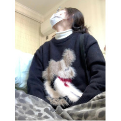 國潮牌情侶休閒寬松時尚毛絨小狗提花毛衣秋冬新款黑色針織衫上衣