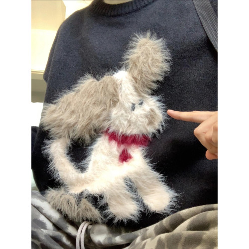 國潮牌情侶休閒寬松時尚毛絨小狗提花毛衣秋冬新款黑色針織衫上衣