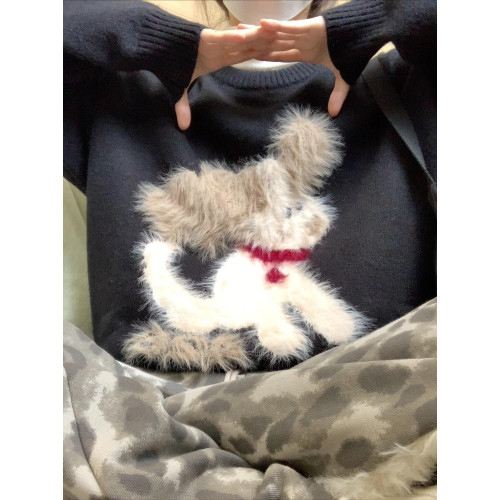 國潮牌情侶休閒寬松時尚毛絨小狗提花毛衣秋冬新款黑色針織衫上衣