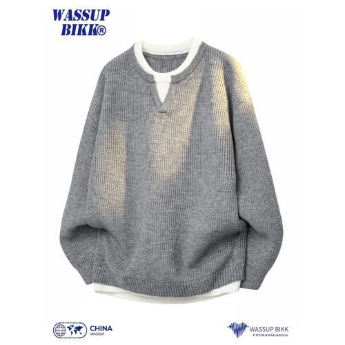 WASSUP BIKK假兩件小V領毛衣男秋冬寬松加厚針織衫慵懶風上衣外套 WASSUP BIKK假兩件小V領毛衣男秋冬寬松加厚針織衫慵懶風上衣外套