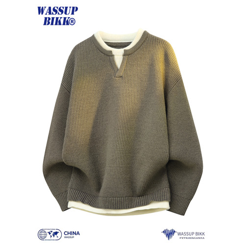 WASSUP BIKK假兩件小V領毛衣男秋冬寬松加厚針織衫慵懶風上衣外套 WASSUP BIKK假兩件小V領毛衣男秋冬寬松加厚針織衫慵懶風上衣外套