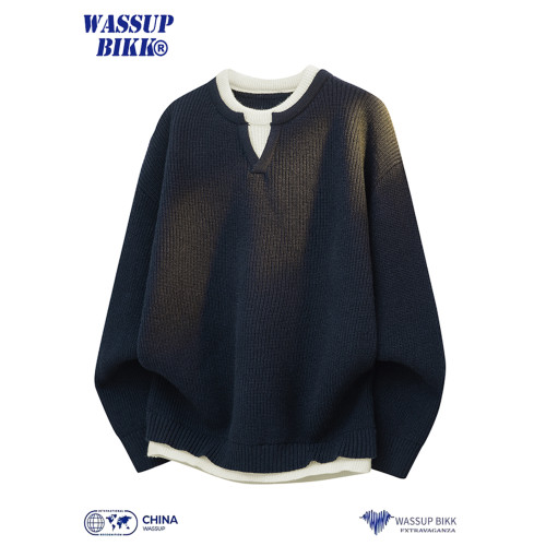 WASSUP BIKK假兩件小V領毛衣男秋冬寬松加厚針織衫慵懶風上衣外套 WASSUP BIKK假兩件小V領毛衣男秋冬寬松加厚針織衫慵懶風上衣外套