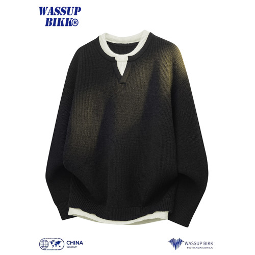 WASSUP BIKK假兩件小V領毛衣男秋冬寬松加厚針織衫慵懶風上衣外套 WASSUP BIKK假兩件小V領毛衣男秋冬寬松加厚針織衫慵懶風上衣外套