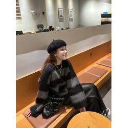 韓系氛圍感氣質慵懶風條紋圓領套頭毛衣女秋冬寬松休閒設計感上衣