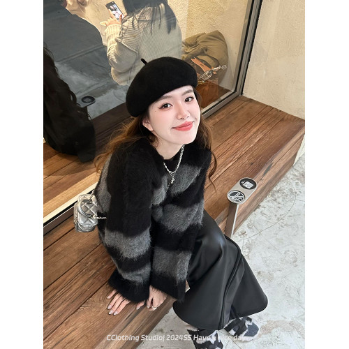 韓系氛圍感氣質慵懶風條紋圓領套頭毛衣女秋冬寬松休閒設計感上衣