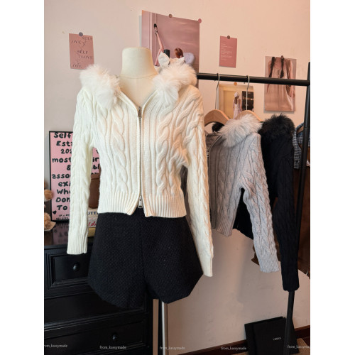 kumikumi設計感純色氣質連帽長袖毛衣開衫女冬季修身顯瘦百搭上衣