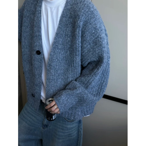 美式復古秋冬重磅混色短寬粗線針織開衫毛衣男休閒寬松外套 美式復古秋冬重磅混色短寬粗線針織開衫毛衣男休閒寬松外套