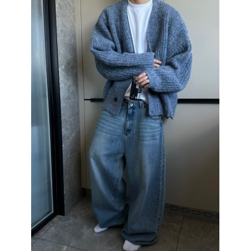 美式復古秋冬重磅混色短寬粗線針織開衫毛衣男休閒寬松外套 美式復古秋冬重磅混色短寬粗線針織開衫毛衣男休閒寬松外套