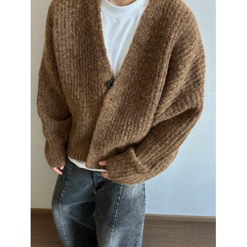 美式復古秋冬重磅混色短寬粗線針織開衫毛衣男休閒寬松外套 美式復古秋冬重磅混色短寬粗線針織開衫毛衣男休閒寬松外套