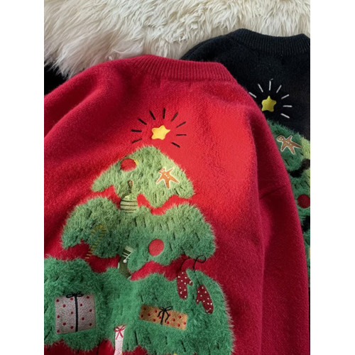 秋冬小衆chic日系oversize聖誕紅色毛衣男女寬松高級感情侶針織衫