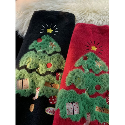 秋冬小衆chic日系oversize聖誕紅色毛衣男女寬松高級感情侶針織衫