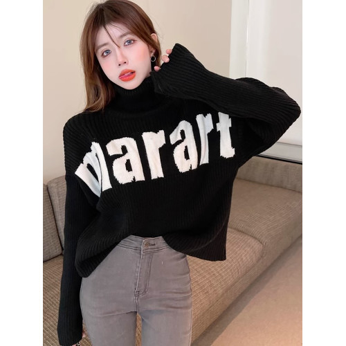 冬季高領保暖短款毛衣女2025新款寬松字母針織衫打底衫套頭上衣潮