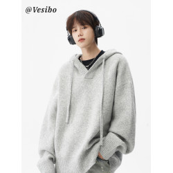 美式連帽針織衫外套男冬季潮牌花灰色情侶毛衣高街慵懶風百搭上衣