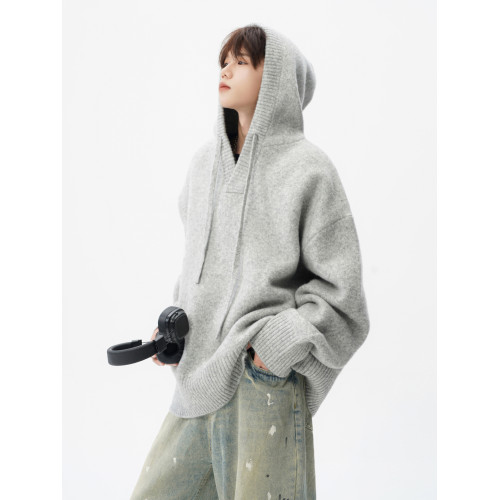 美式連帽針織衫外套男冬季潮牌花灰色情侶毛衣高街慵懶風百搭上衣