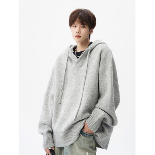 美式連帽針織衫外套男冬季潮牌花灰色情侶毛衣高街慵懶風百搭上衣