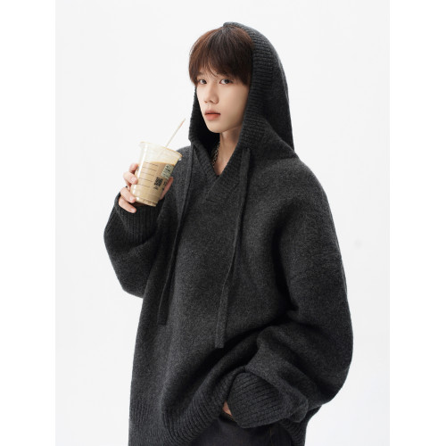 美式連帽針織衫外套男冬季潮牌花灰色情侶毛衣高街慵懶風百搭上衣