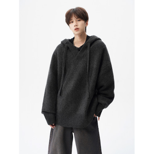 美式連帽針織衫外套男冬季潮牌花灰色情侶毛衣高街慵懶風百搭上衣