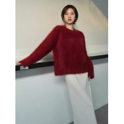 2025秋冬仿水貂絨軟糯馬海毛紅色毛衣女內搭寬松慵懶風外穿上衣厚