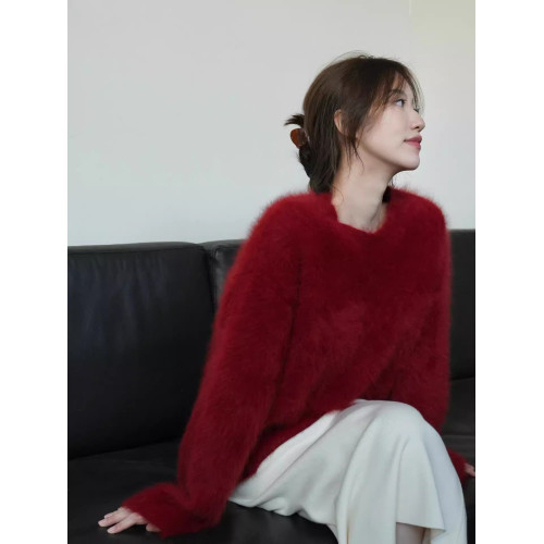2025秋冬仿水貂絨軟糯馬海毛紅色毛衣女內搭寬松慵懶風外穿上衣厚 2025秋冬仿水貂絨軟糯馬海毛紅色毛衣女內搭寬松慵懶風外穿上衣厚