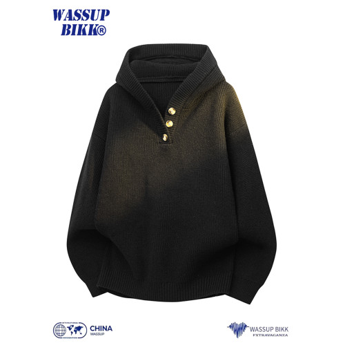 WASSUP BIKK美式復古連帽毛衣男秋冬季新款寬松套頭針織衫外套 WASSUP BIKK美式復古連帽毛衣男秋冬季新款寬松套頭針織衫外套