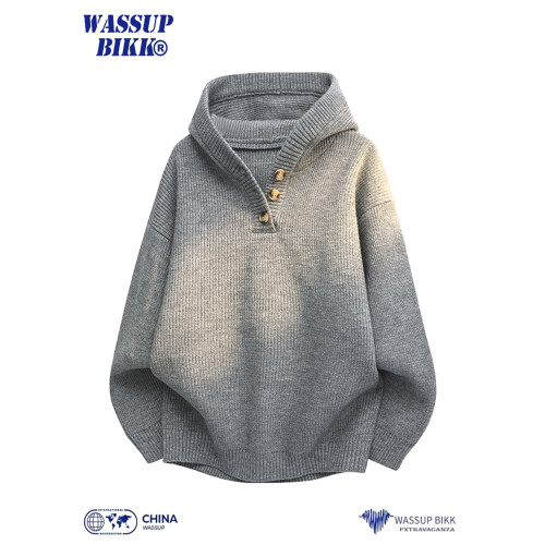 WASSUP BIKK美式復古連帽毛衣男秋冬季新款寬松套頭針織衫外套 WASSUP BIKK美式復古連帽毛衣男秋冬季新款寬松套頭針織衫外套