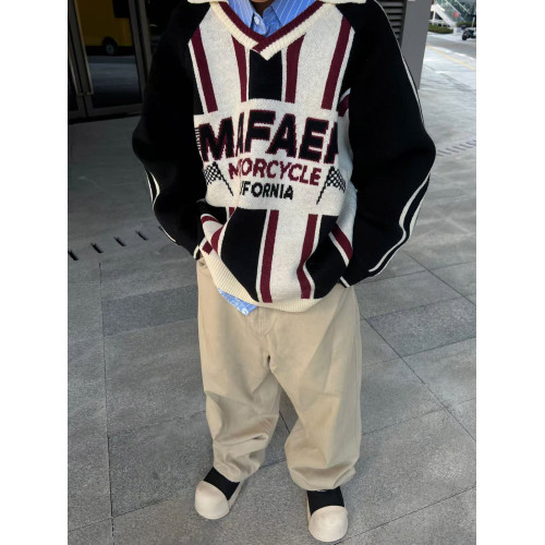 MASDYIREN 秋冬美式復古寬松高街撞色美拉德學院風針織衫毛衣男潮 MASDYIREN 秋冬美式復古寬松高街撞色美拉德學院風針織衫毛衣男潮