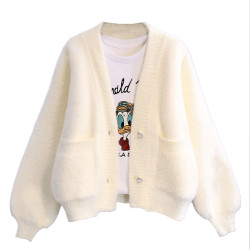 奶fufu毛衣外套女春秋寬松慵懶風仿水貂絨設計感小衆針織開衫上衣