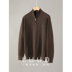 LUUD 萊賽爾天絲暖絨拉鍊半開襟高領針織衫男秋冬季騎士刺綉毛衣