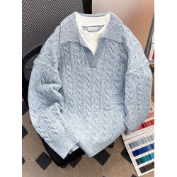 秋冬假兩件翻領毛衣男套頭保暖復古休閒潮牌青少年提花寬松針織衫