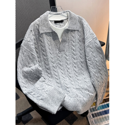 秋冬假兩件翻領毛衣男套頭保暖復古休閒潮牌青少年提花寬松針織衫 秋冬假兩件翻領毛衣男套頭保暖復古休閒潮牌青少年提花寬松針織衫