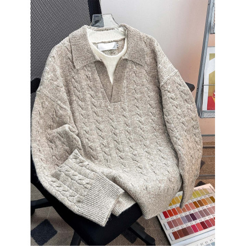 秋冬假兩件翻領毛衣男套頭保暖復古休閒潮牌青少年提花寬松針織衫 秋冬假兩件翻領毛衣男套頭保暖復古休閒潮牌青少年提花寬松針織衫