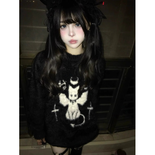 美式復古小惡魔貓咪做舊破洞設計感毛衣女冬季新款水貂毛針織上衣 美式復古小惡魔貓咪做舊破洞設計感毛衣女冬季新款水貂毛針織上衣