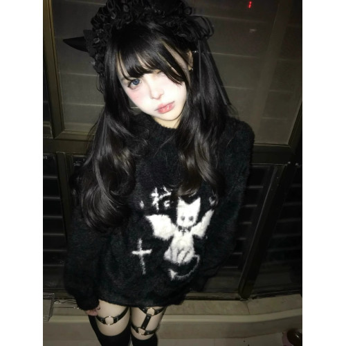 美式復古小惡魔貓咪做舊破洞設計感毛衣女冬季新款水貂毛針織上衣 美式復古小惡魔貓咪做舊破洞設計感毛衣女冬季新款水貂毛針織上衣