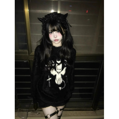 美式復古小惡魔貓咪做舊破洞設計感毛衣女冬季新款水貂毛針織上衣 美式復古小惡魔貓咪做舊破洞設計感毛衣女冬季新款水貂毛針織上衣