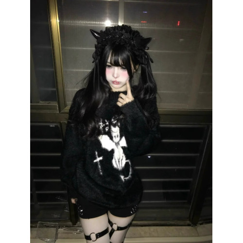 美式復古小惡魔貓咪做舊破洞設計感毛衣女冬季新款水貂毛針織上衣 美式復古小惡魔貓咪做舊破洞設計感毛衣女冬季新款水貂毛針織上衣