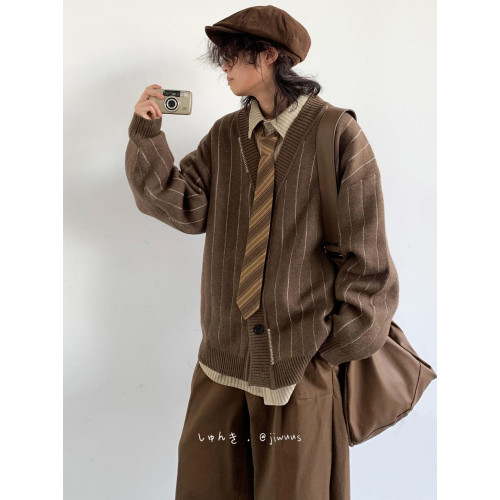 秋冬日系復古中性美拉德條紋開衫毛衣男女生學院風V領針織外套潮 秋冬日系復古中性美拉德條紋開衫毛衣男女生學院風V領針織外套潮