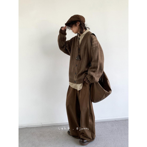 秋冬日系復古中性美拉德條紋開衫毛衣男女生學院風V領針織外套潮 秋冬日系復古中性美拉德條紋開衫毛衣男女生學院風V領針織外套潮