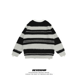 SEVENSUP美式學院風馬海毛條紋V領毛衣男秋冬慵懶風情侶針織球衣