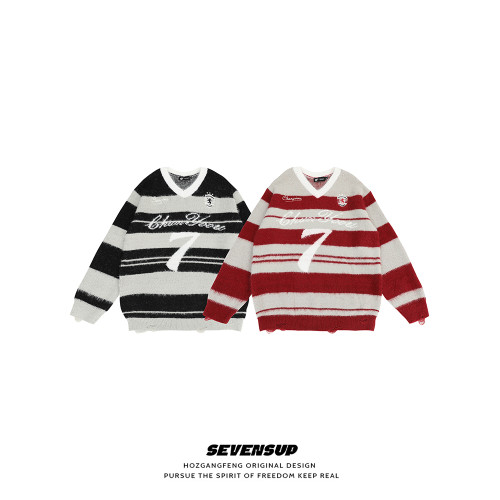 SEVENSUP美式學院風馬海毛條紋V領毛衣男秋冬慵懶風情侶針織球衣 SEVENSUP美式學院風馬海毛條紋V領毛衣男秋冬慵懶風情侶針織球衣