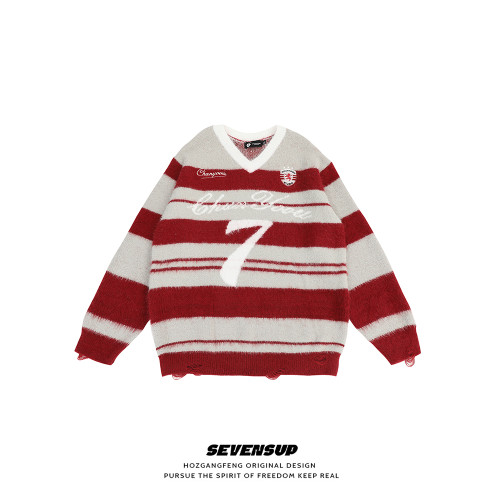 SEVENSUP美式學院風馬海毛條紋V領毛衣男秋冬慵懶風情侶針織球衣 SEVENSUP美式學院風馬海毛條紋V領毛衣男秋冬慵懶風情侶針織球衣