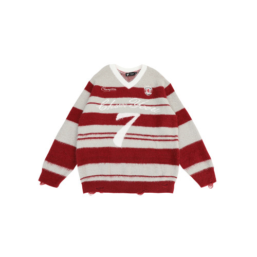 SEVENSUP美式學院風馬海毛條紋V領毛衣男秋冬慵懶風情侶針織球衣 SEVENSUP美式學院風馬海毛條紋V領毛衣男秋冬慵懶風情侶針織球衣