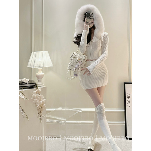 白色毛領麻花拉鍊連帽毛衣開衫女早秋季修身小個子短款針織衫外套 白色毛領麻花拉鍊連帽毛衣開衫女早秋季修身小個子短款針織衫外套